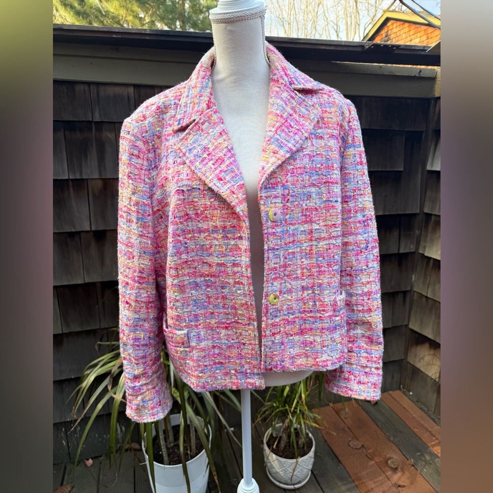 Escada tweed blazer jacket pastels silk floral lining Sz 44 L pinks yellows - Picture 13 of 13